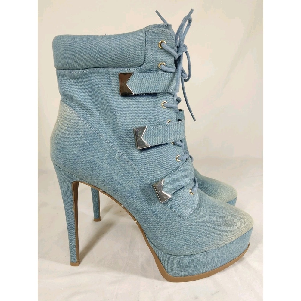 Thalia Sodi Women's Sasha Lace-Up Platform Dress Blue‎ Denim Booties 10M